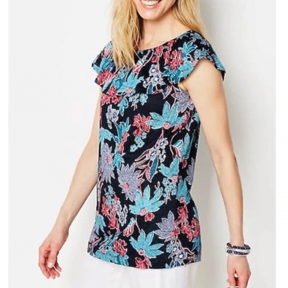 J Jill Love Linen Sarasa Ruffled Tropical Top Size Large Petite - Picture 5 of 9